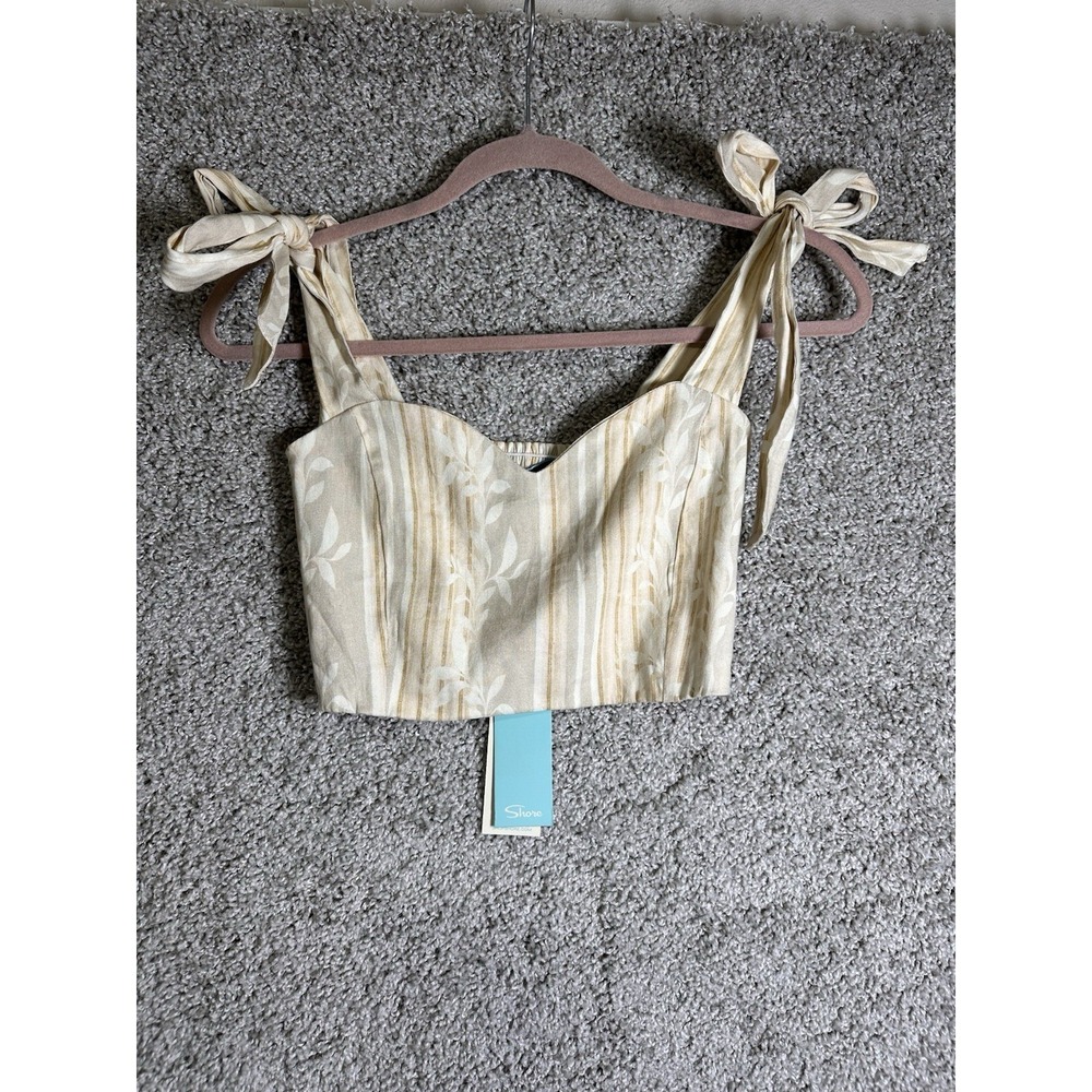Shore Brand Sweetheart Tie Top Sage Stripe Linen Blend Crop Tank NWT $110 Small